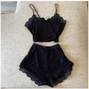 🪞 SET ribbed lace trim lounge bra top and pajama shorts matching set